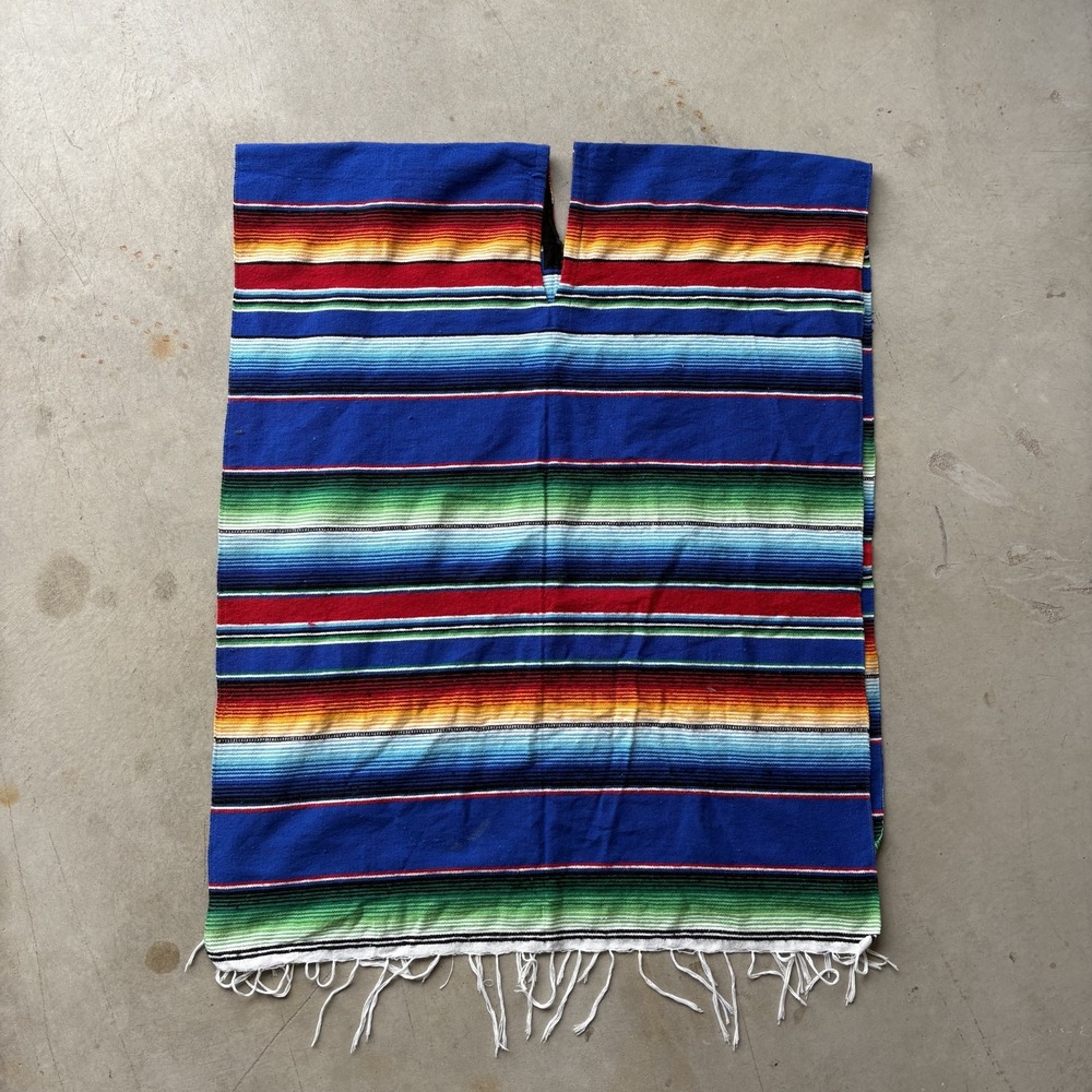 Mexican Serape Poncho Woven Blue Striped Saltillo Blanket Gaban Folk Art Fringe